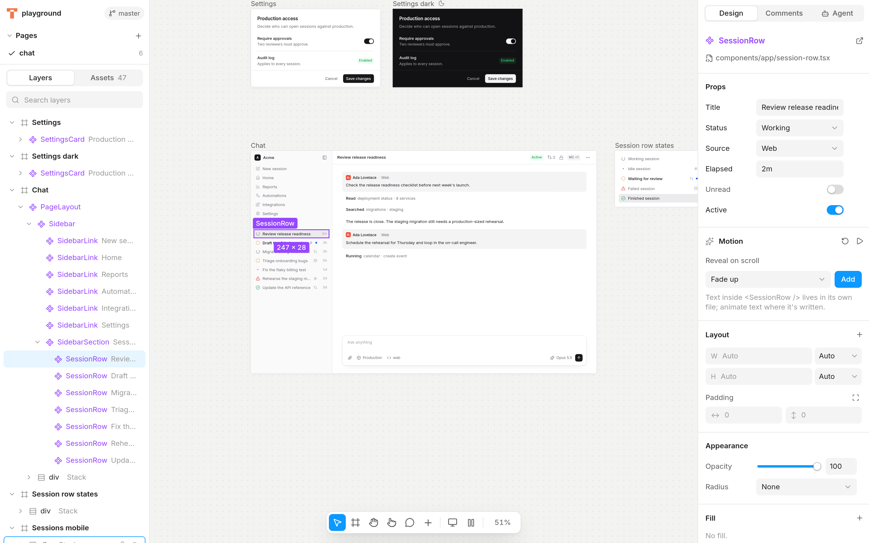 The Truecanvas editor with a SessionRow component selected and its typed props in the design panel